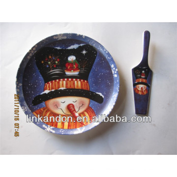 KC-02547snowman placas de cerámica, para los niños divertido ronda pizza / placas de torta con el servidor